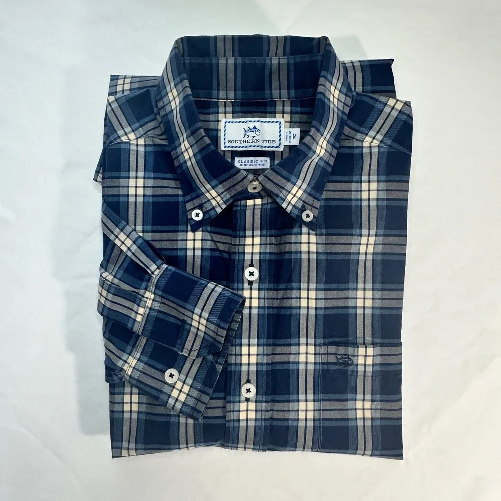 Southern Tide Mens Plaid Long Sleeve Button Down Cotton Shirt Classic Fit Medium